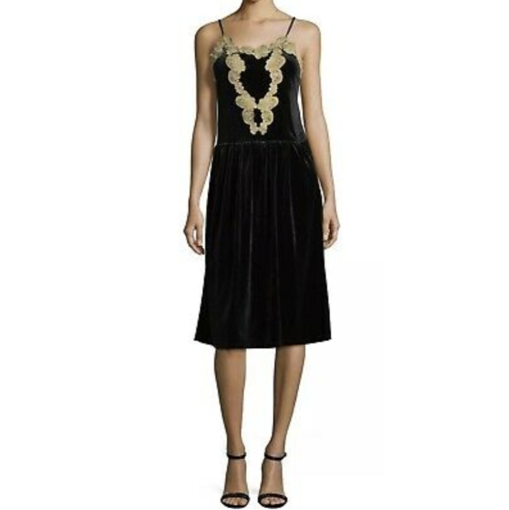 Romeo & Juliet Couture Black Velvet Midi Dress with Gold Lace Appliqué